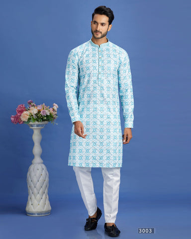 Blue Embroidered Cotton Readymade Man Kurta Set