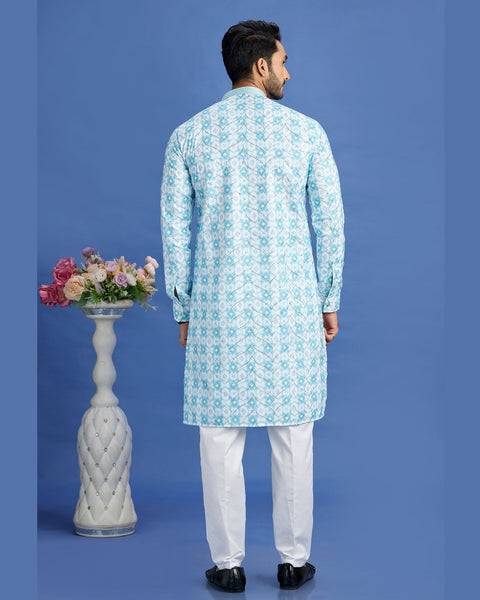 Blue Embroidered Cotton Readymade Man Kurta Set