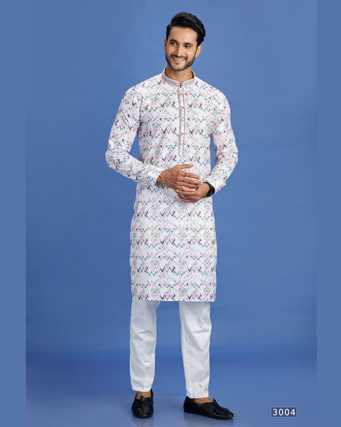 Off White Pink Blue Embroidered Cotton Readymade Man Kurta Set