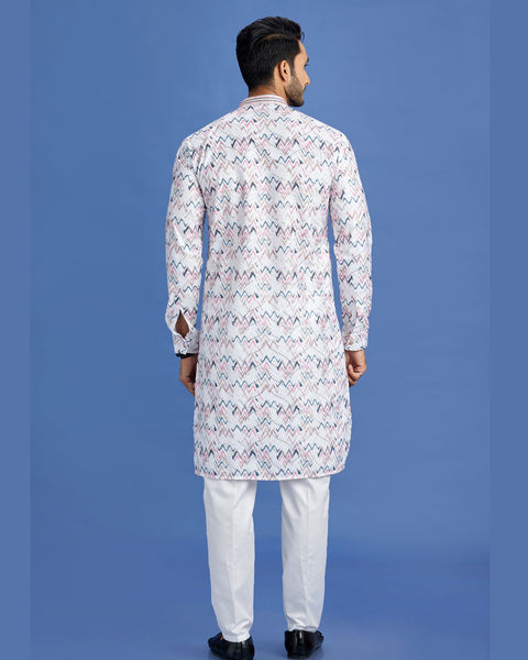 Off White Pink Blue Embroidered Cotton Readymade Man Kurta Set