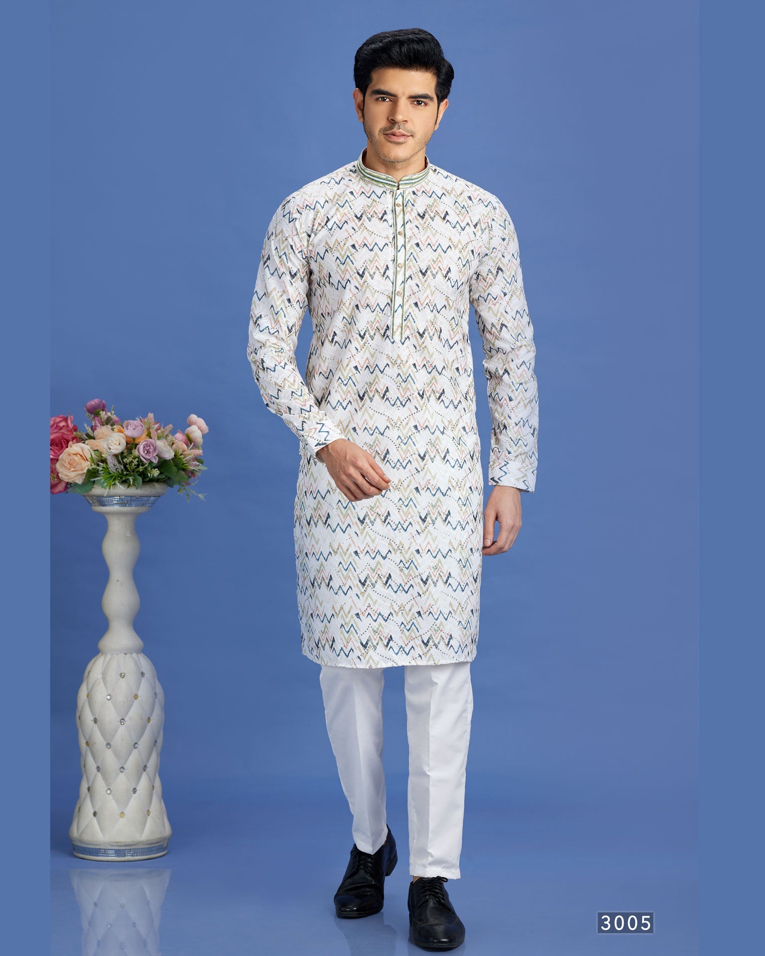 Off White & Blue Embroidered Cotton Readymade Man Kurta Set