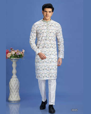 Off White & Blue Embroidered Cotton Readymade Man Kurta Set