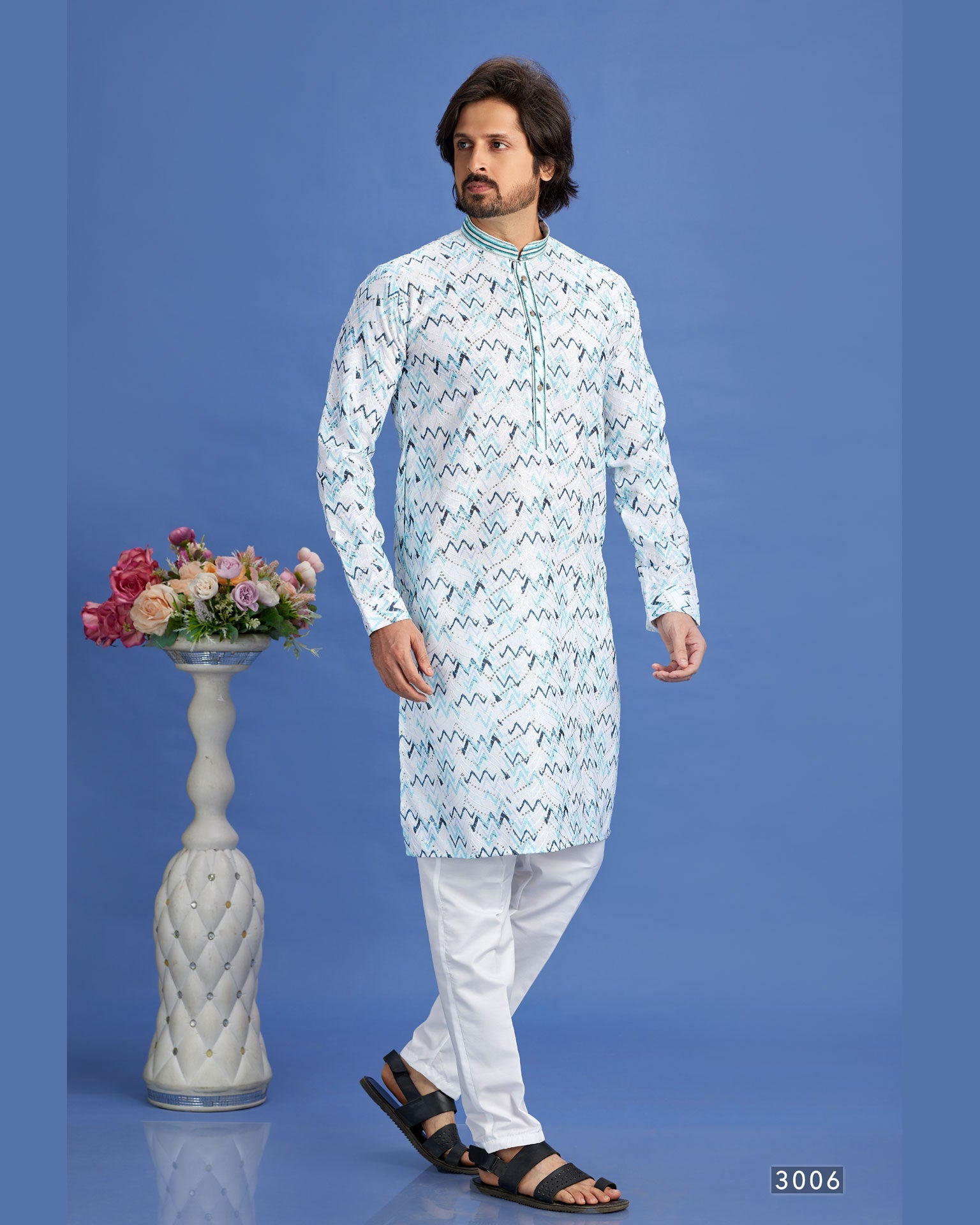 Off White & Blue Embroidered Cotton Readymade Man Kurta Set