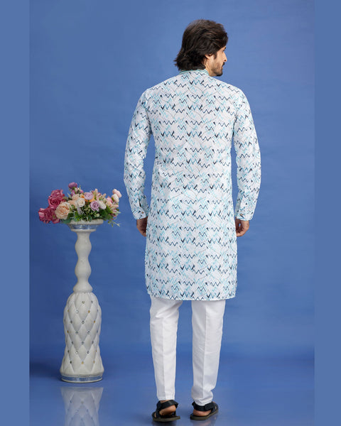 Off White & Blue Embroidered Cotton Readymade Man Kurta Set
