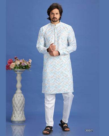 Blue Embroidered Cotton Readymade Man Kurta Set