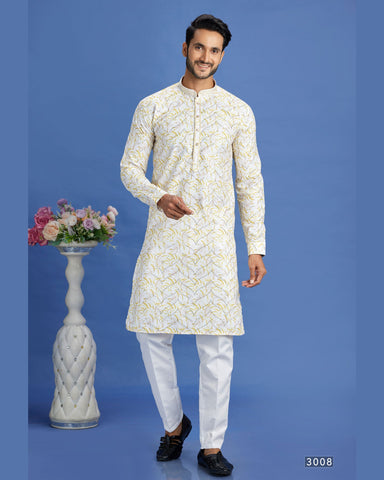 Off White & Yellow Embroidered Cotton Readymade Man Kurta Set