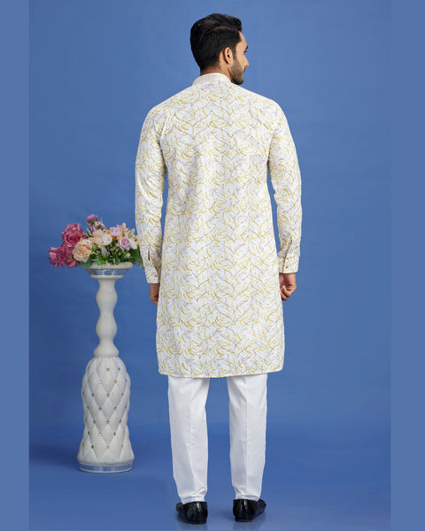 Off White & Yellow Embroidered Cotton Readymade Man Kurta Set
