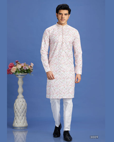 Off White & Pink Embroidered Cotton Readymade Man Kurta Set