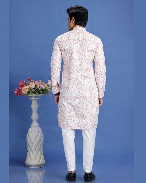 Off White & Pink Embroidered Cotton Readymade Man Kurta Set