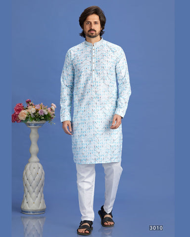 Off White & Blue Embroidered Cotton Readymade Man Kurta Set