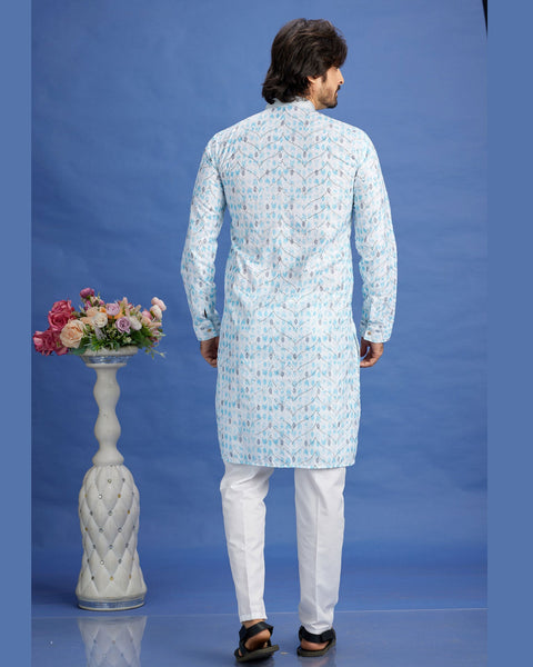 Off White & Blue Embroidered Cotton Readymade Man Kurta Set
