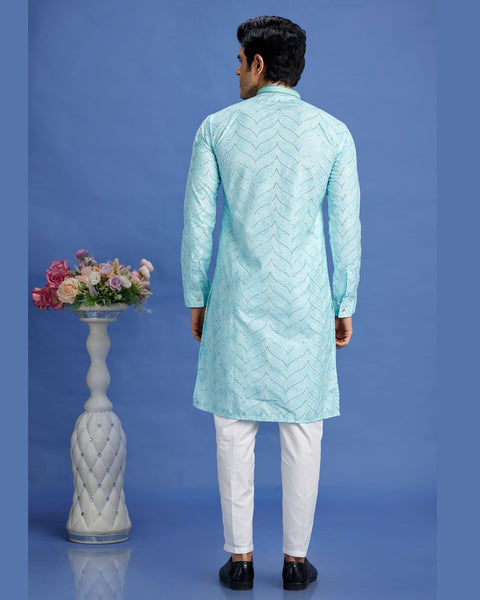 Light Teal Embroidered Cotton Readymade Man Kurta Set