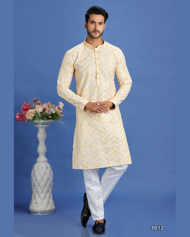 Yellow Embroidered Cotton Readymade Man Kurta Set