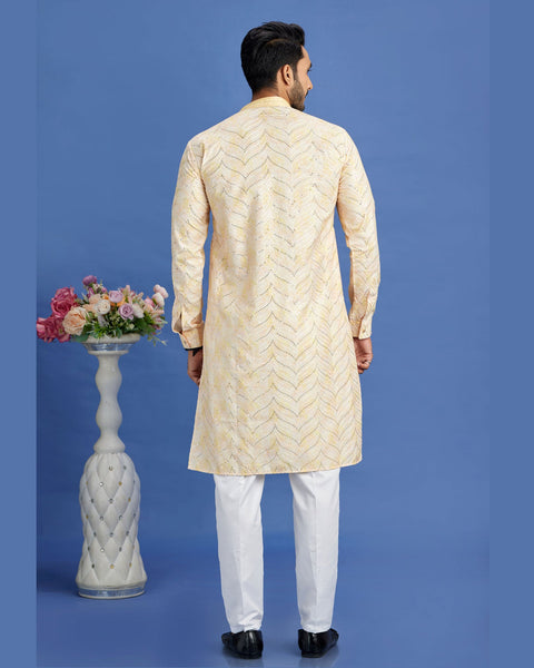 Yellow Embroidered Cotton Readymade Man Kurta Set