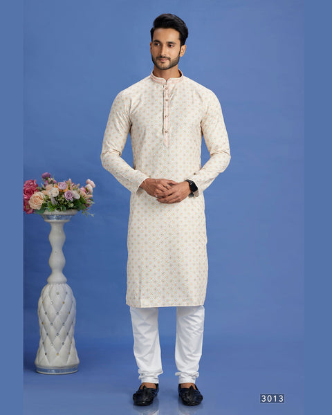 Beige Embroidered Cotton Readymade Man Kurta Set