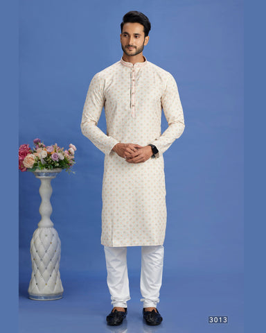 Beige Embroidered Cotton Readymade Man Kurta Set