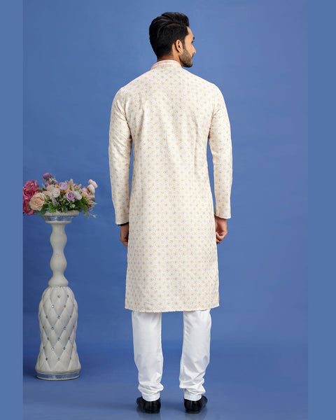 Beige Embroidered Cotton Readymade Man Kurta Set