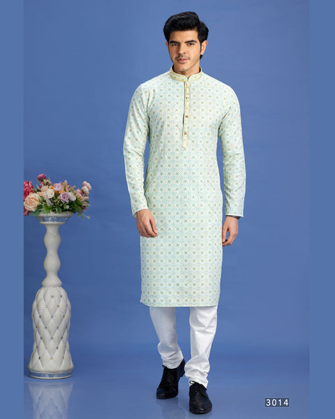 Green Embroidered Cotton Readymade Man Kurta Set