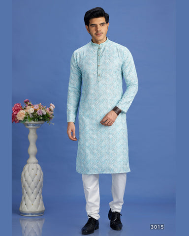 Blue Embroidered Cotton Readymade Man Kurta Set