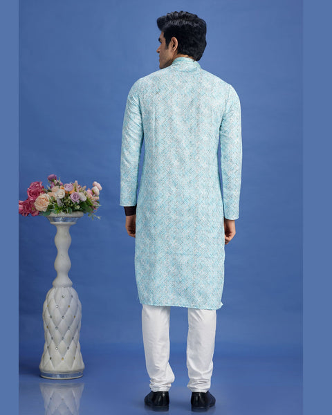 Blue Embroidered Cotton Readymade Man Kurta Set