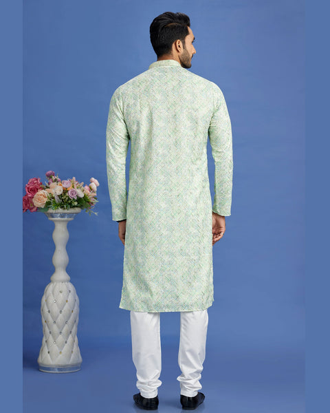 Pista Green Embroidered Cotton Readymade Man Kurta Set