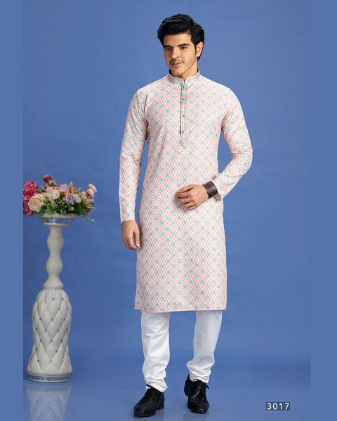Peach Embroidered Cotton Readymade Man Kurta Set