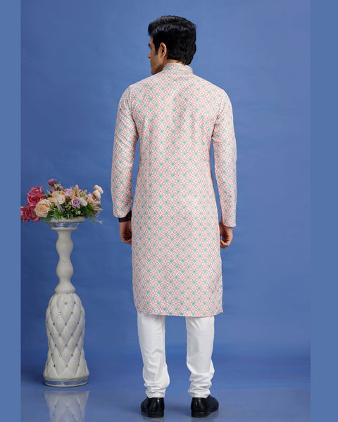 Peach Embroidered Cotton Readymade Man Kurta Set