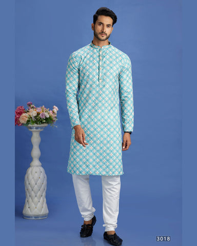 Teal Green Embroidered Cotton Readymade Man Kurta Set