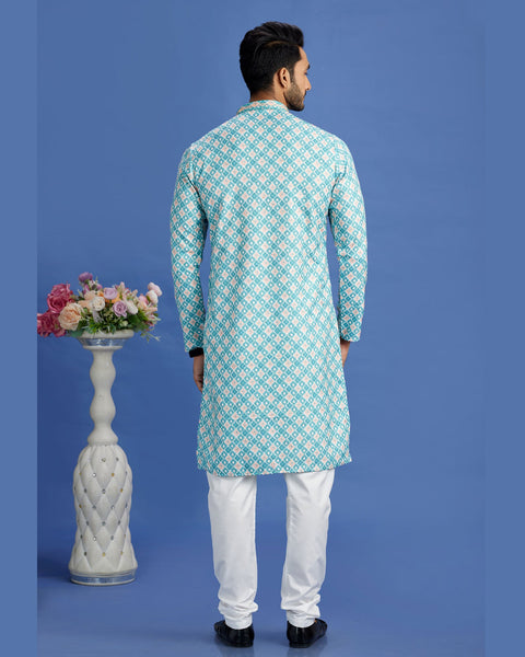 Teal Green Embroidered Cotton Readymade Man Kurta Set