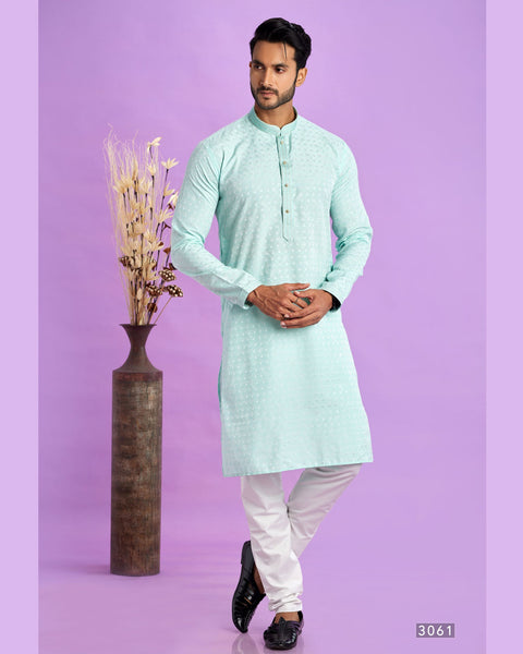 Ice Teal Green Jacquard Art Silk Readymade Man Kurta Set With Off White Churidar