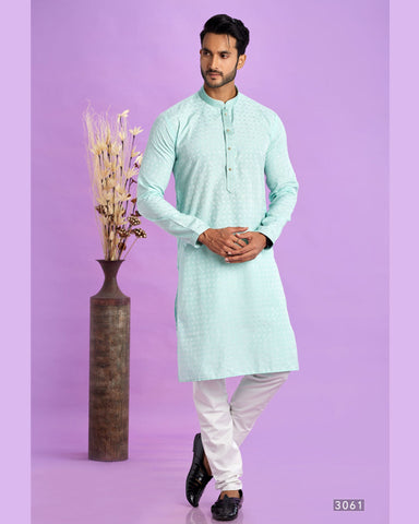 Ice Teal Green Jacquard Art Silk Readymade Man Kurta Set With Off White Churidar