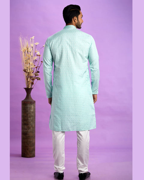 Ice Teal Green Jacquard Art Silk Readymade Man Kurta Set With Off White Churidar