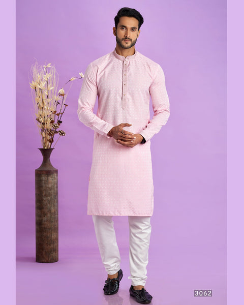 Ice Pink Jacquard Art Silk Readymade Man Kurta Set With Off White Churidar