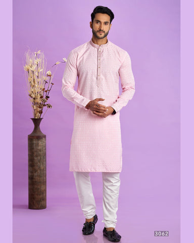 Ice Pink Jacquard Art Silk Readymade Man Kurta Set With Off White Churidar
