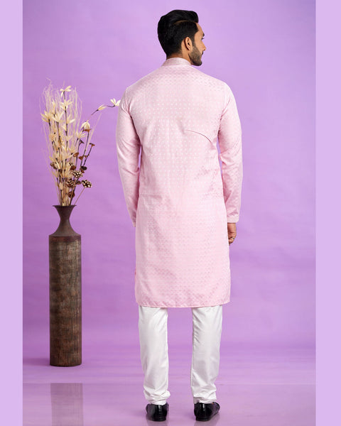 Ice Pink Jacquard Art Silk Readymade Man Kurta Set With Off White Churidar