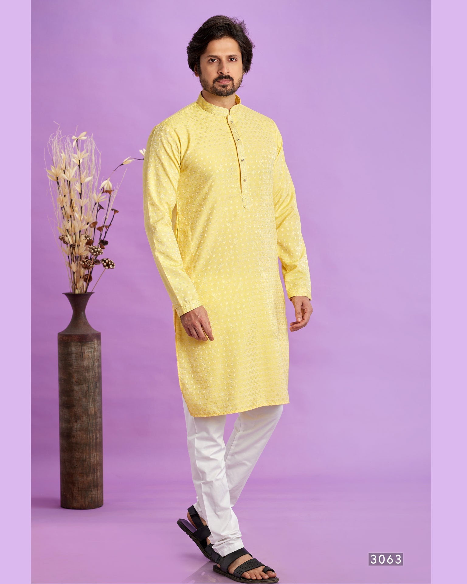 Yellow Jacquard Art Silk Readymade Man Kurta Set With Off White Churidar