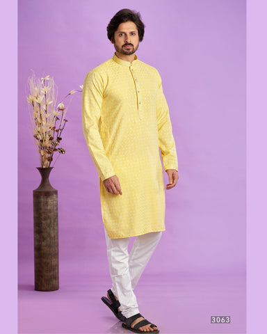 Yellow Jacquard Art Silk Readymade Man Kurta Set With Off White Churidar