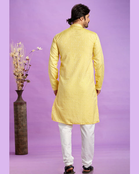Yellow Jacquard Art Silk Readymade Man Kurta Set With Off White Churidar