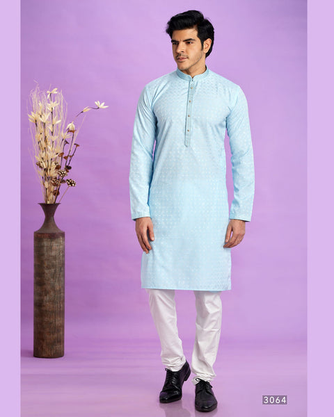 Ice Blue Jacquard Art Silk Readymade Man Kurta Set With Off White Churidar