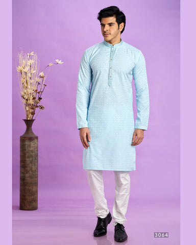 Ice Blue Jacquard Art Silk Readymade Man Kurta Set With Off White Churidar