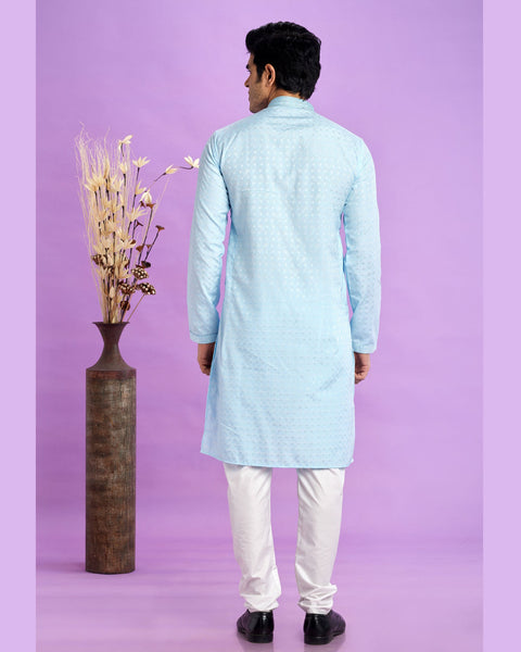 Ice Blue Jacquard Art Silk Readymade Man Kurta Set With Off White Churidar