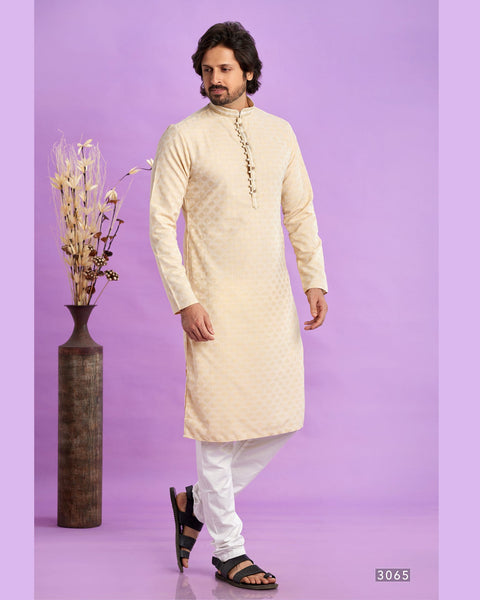 Beige Jacquard Art Silk Readymade Man Kurta Set With Off White Churidar