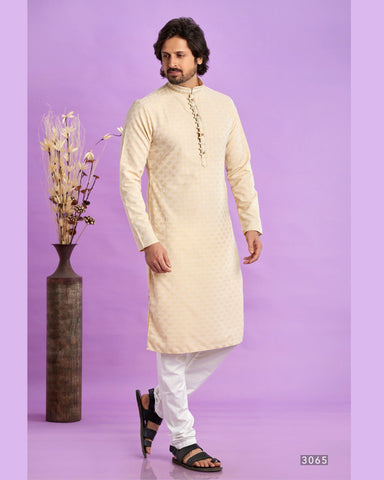 Beige Jacquard Art Silk Readymade Man Kurta Set With Off White Churidar