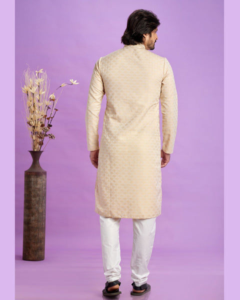 Beige Jacquard Art Silk Readymade Man Kurta Set With Off White Churidar