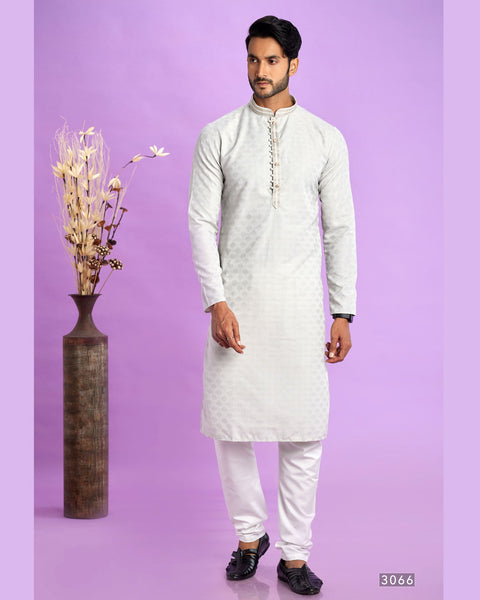 Light Grey Jacquard Art Silk Readymade Man Kurta Set With Off White Churidar