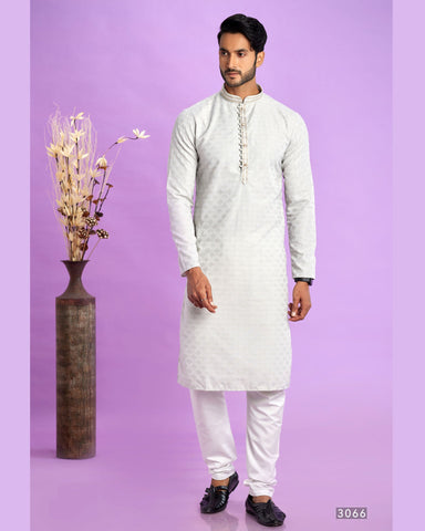 Light Grey Jacquard Art Silk Readymade Man Kurta Set With Off White Churidar