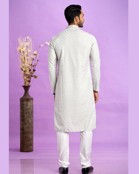 Light Grey Jacquard Art Silk Readymade Man Kurta Set With Off White Churidar