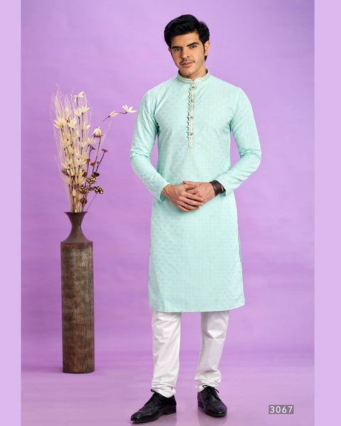 Light Teal Green Jacquard Art Silk Readymade Man Kurta Set With Off White Churidar