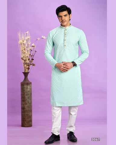 Light Teal Green Jacquard Art Silk Readymade Man Kurta Set With Off White Churidar