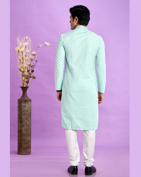 Light Teal Green Jacquard Art Silk Readymade Man Kurta Set With Off White Churidar